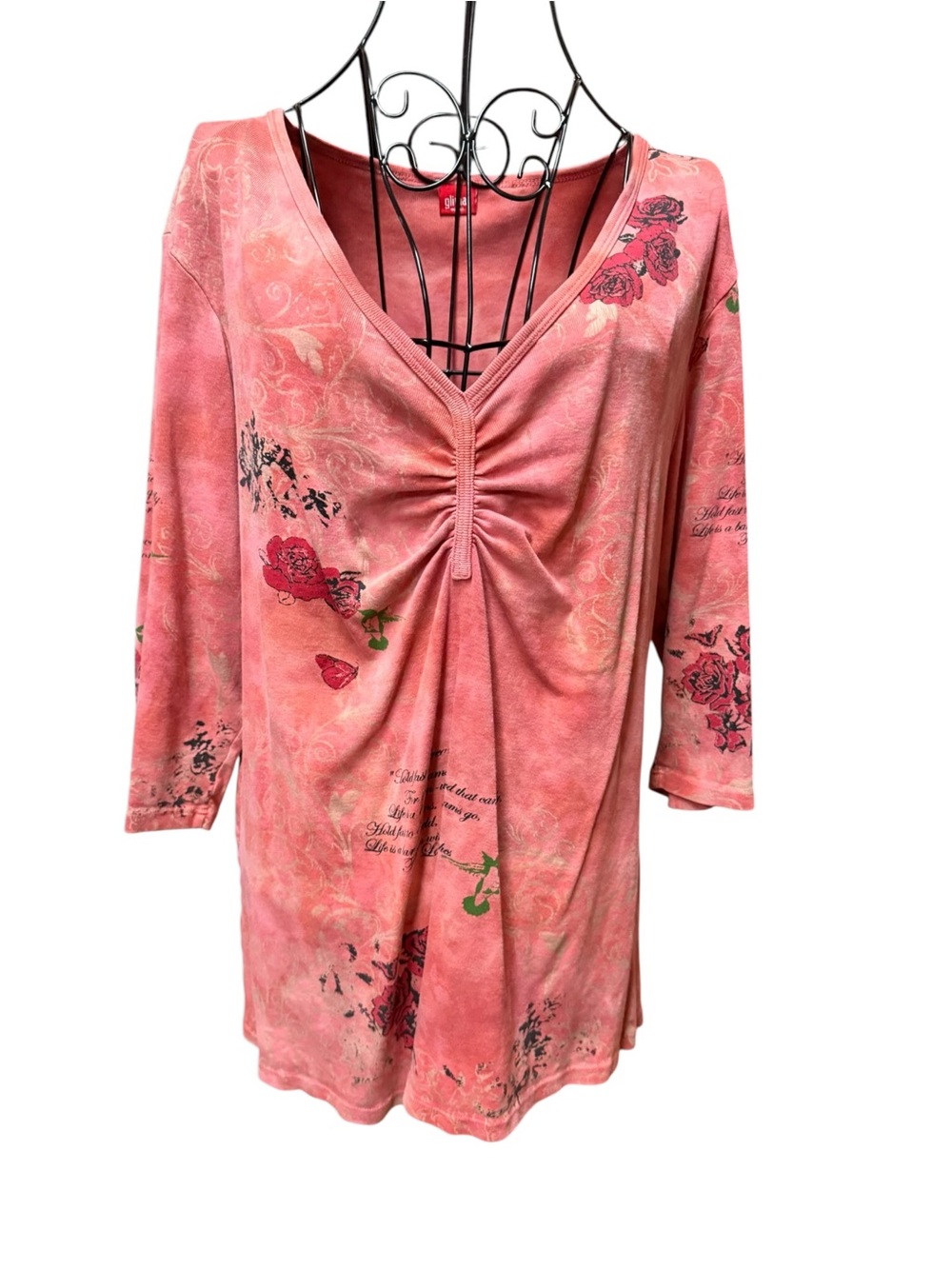 Glima Pink Floral Ruched V-Neck Top 2X